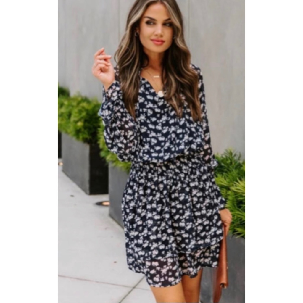 Lucca Couture Navy Smocked Ditzy Floral Print Dress Nwt!